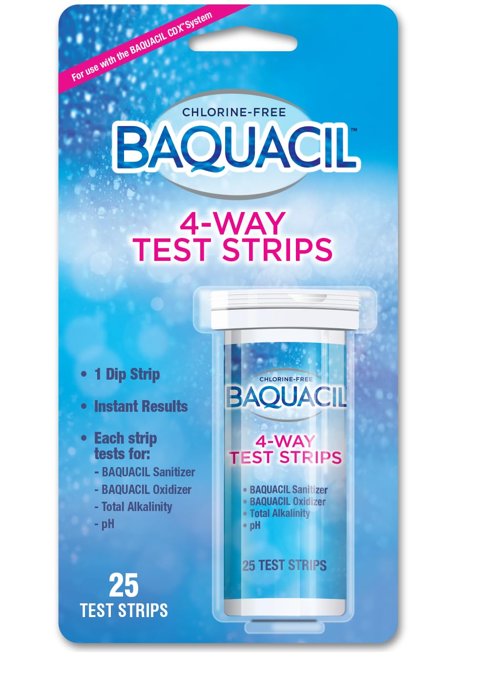 Baquacil 4-Way Test Strips providing quick pool chemistry readings