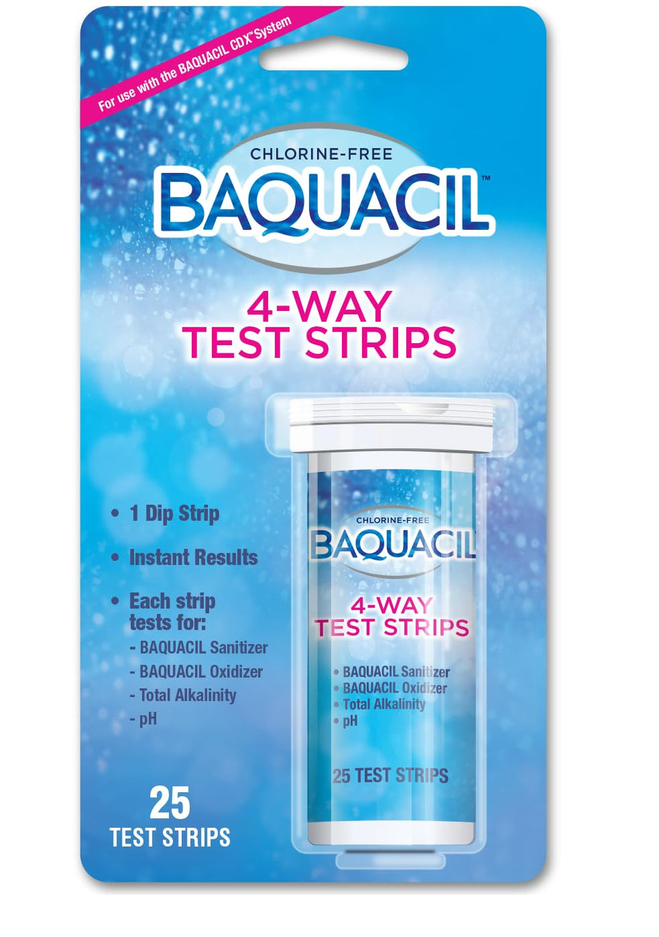 Baquacil 4-Way Test Strips providing quick pool chemistry readings