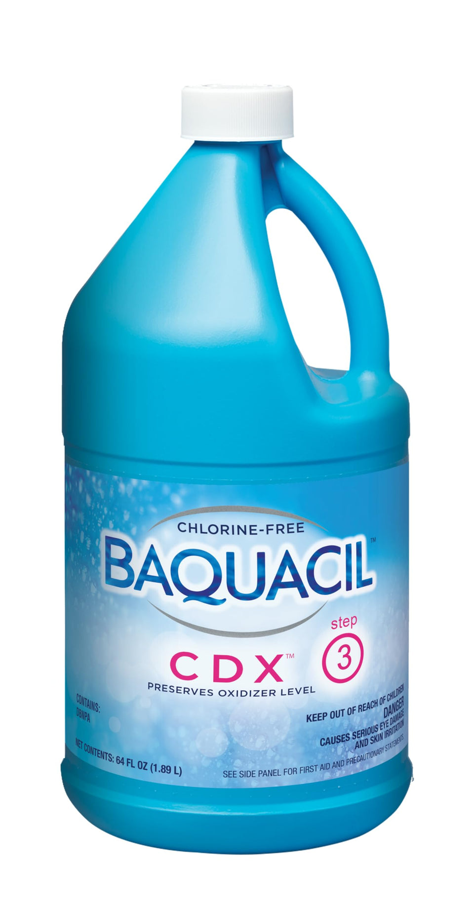 Baquacil CDX chlorine-free oxidizer bottle for weekly pool shock and water mold prevention.