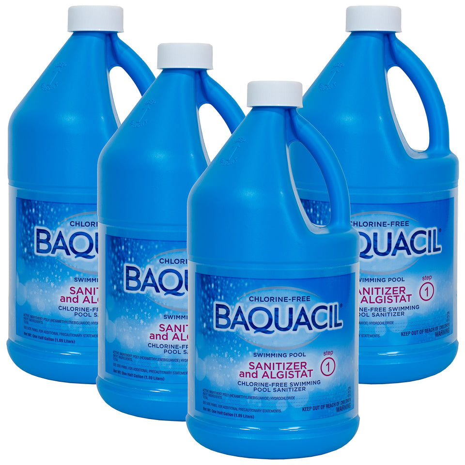Baquacil sanitizer and algistat half-gallon bottle for chlorine-free pool care and algae control.