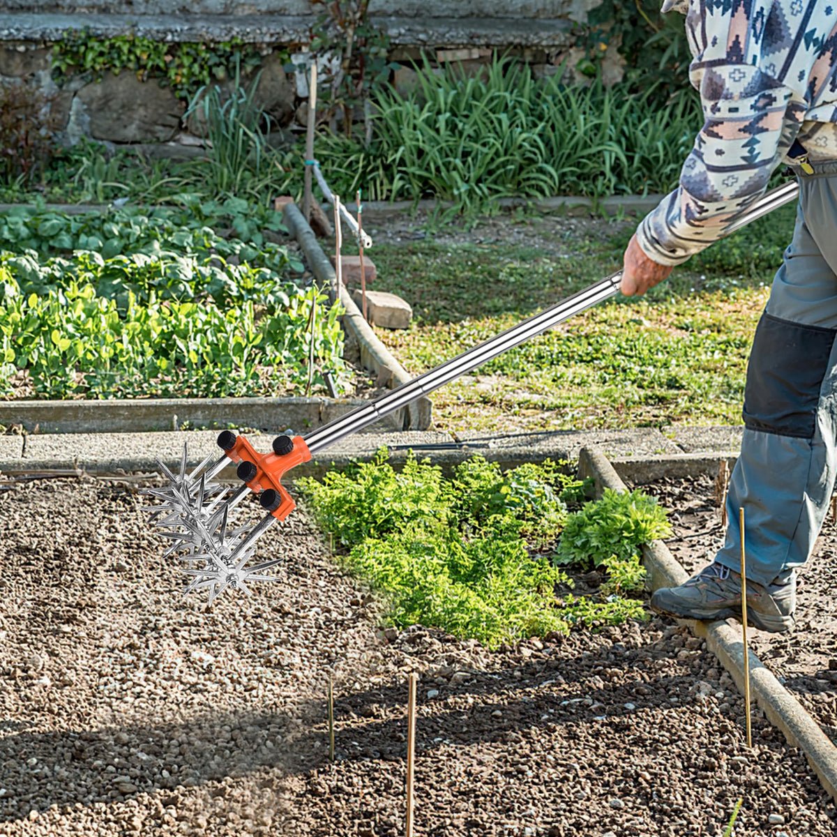 BARAYSTUS adjustable stainless steel poles provide comfortable reach during tilling.