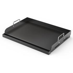 Barbqtime griddle plate on grill delivers even heat for eggs and veggies.