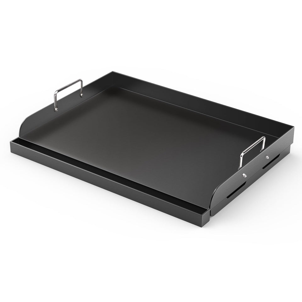 Barbqtime griddle plate on grill delivers even heat for eggs and veggies.