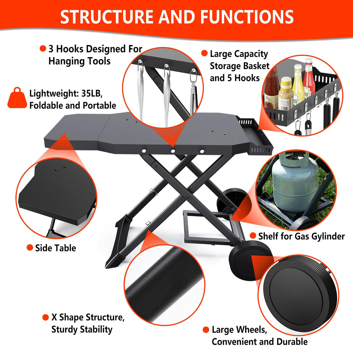 Barbqtime cart side table and propane tank holder for convenient fuel access