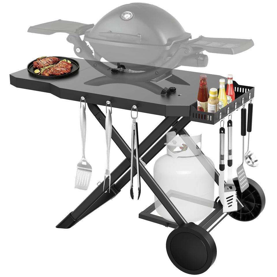 Barbqtime grill cart for Weber Q1200 during assembly for sturdy outdoor use