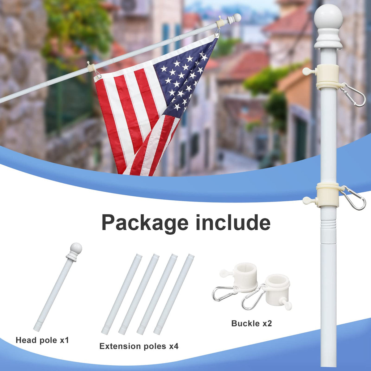 Barcetine flag pole uses adjustable grommets for 2x3, 3x5, and 4x6 flags.