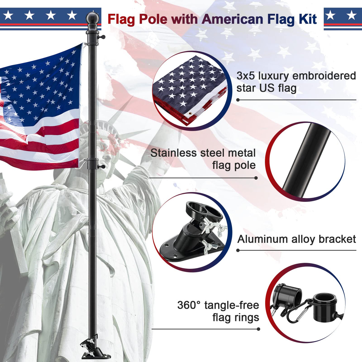 Barcetine 3x5 embroidered US flag adds vivid, durable outdoor color.