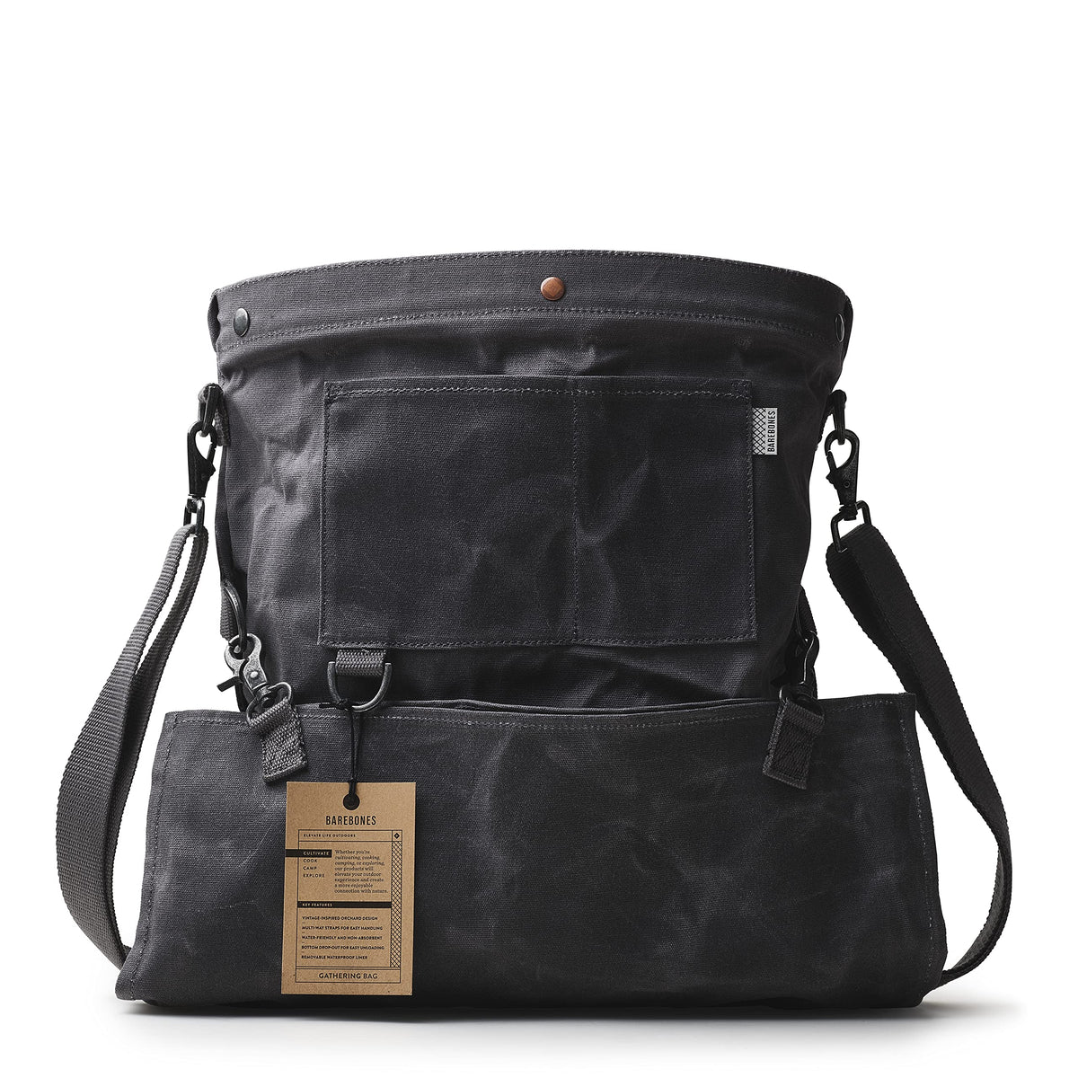 Barebones harvesting bag front view highlights durable waxed canvas and roomy interior.