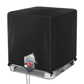 Barlic IBC tote cover side view shields a 275G tank from sun and debris.