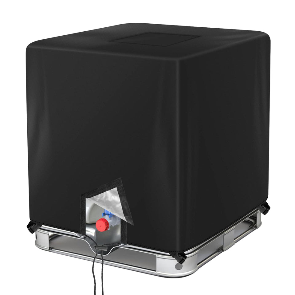 Barlic IBC tote cover side view shields a 275G tank from sun and debris.
