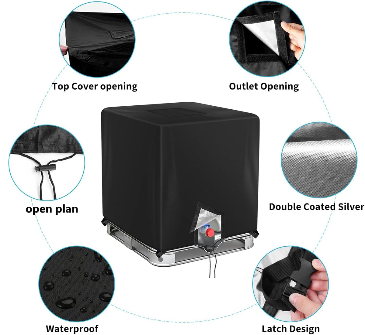 Barlic IBC tote cover top-opening design for easy access to water tank.