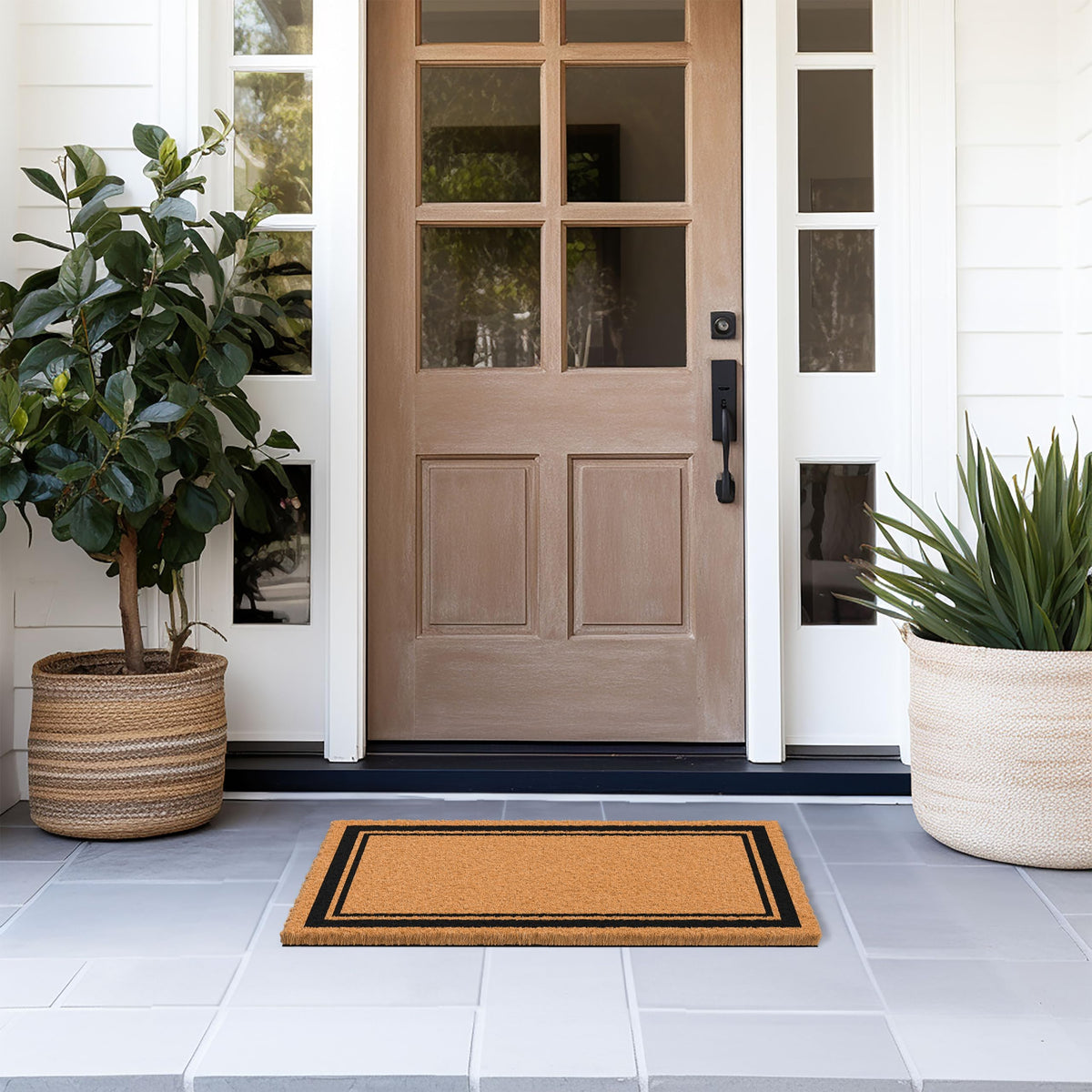 Barnyard Designs coco coir doormat front-door view emphasizes welcoming style.