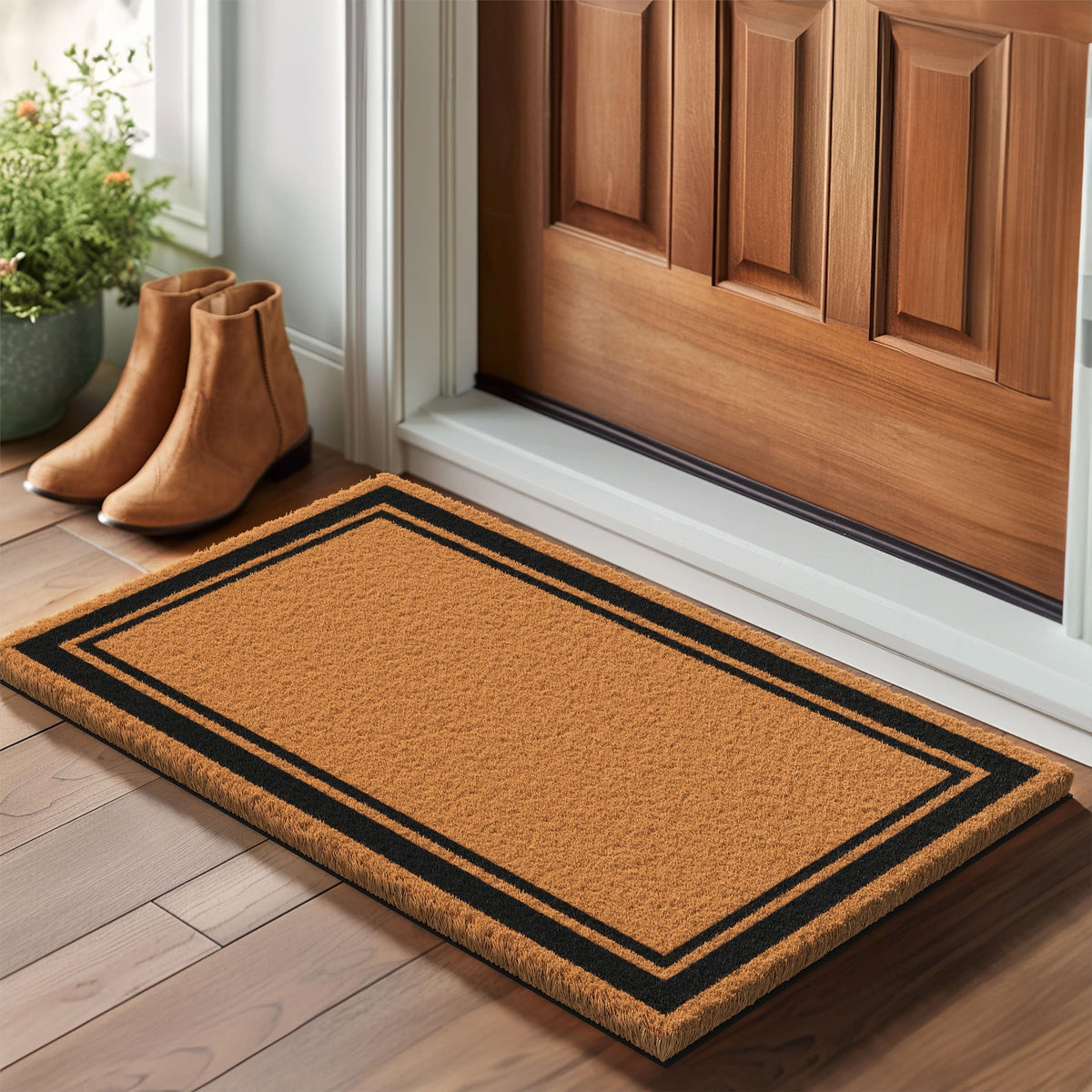 Barnyard Designs coir doormat with non-slip backing ensures stable placement.