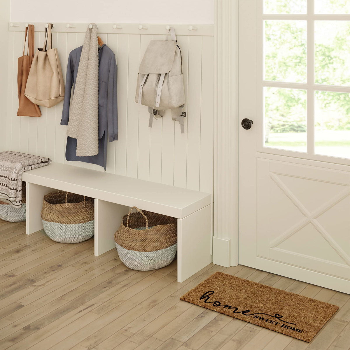Barnyard Designs doormat features non-slip backing to stay in place.