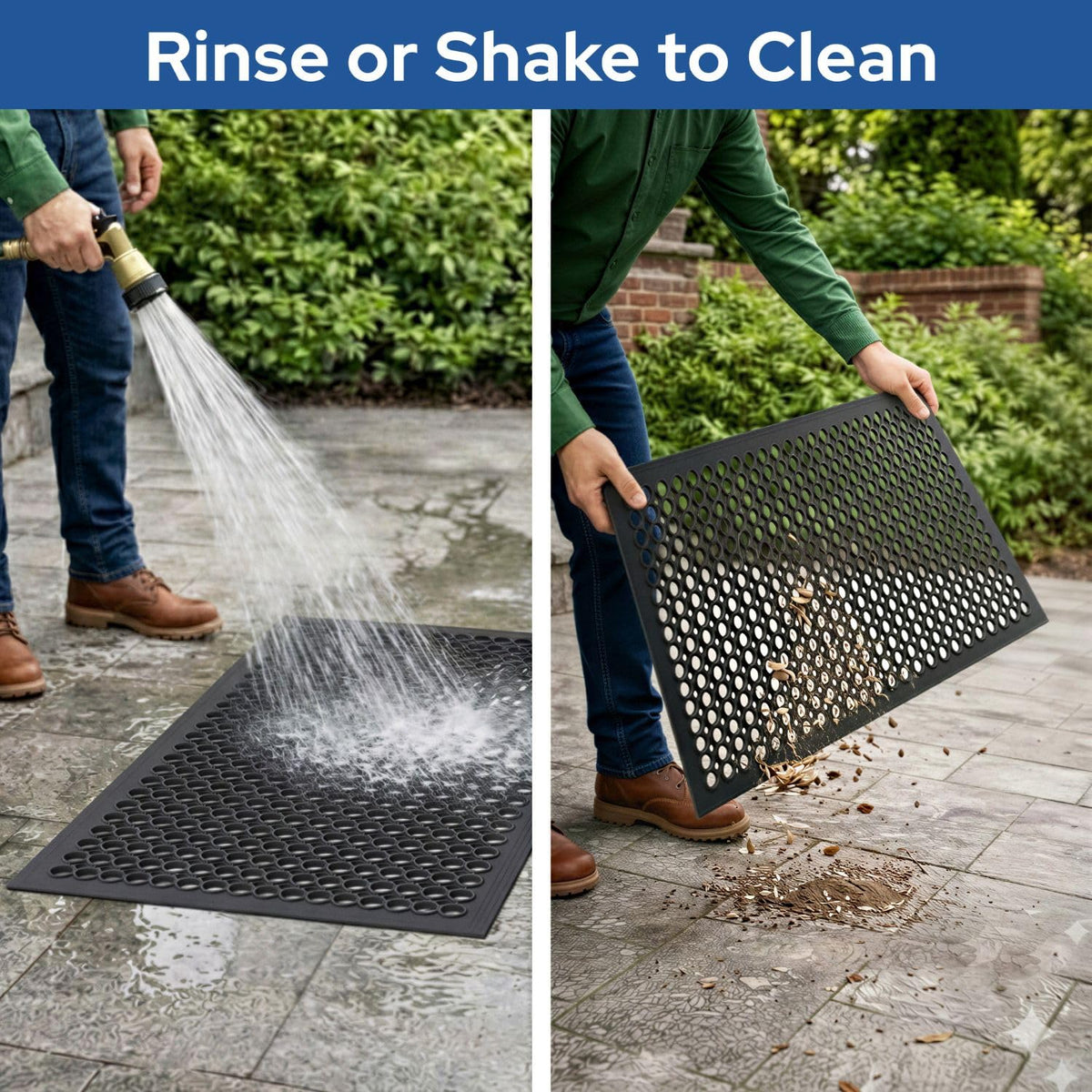 Barnyard Designs garage/workshop mat drains mud and spills for clean floors.