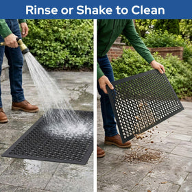 Barnyard Designs garage/workshop mat drains mud and spills for clean floors.