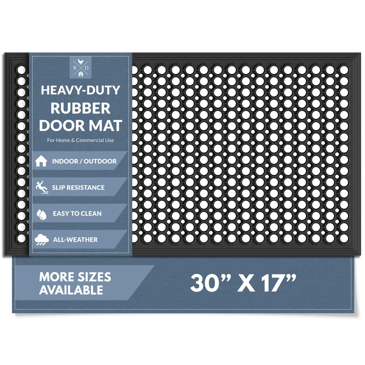 Barnyard Designs heavy-duty door mat with drainage holes keeps feet dry at entrances.