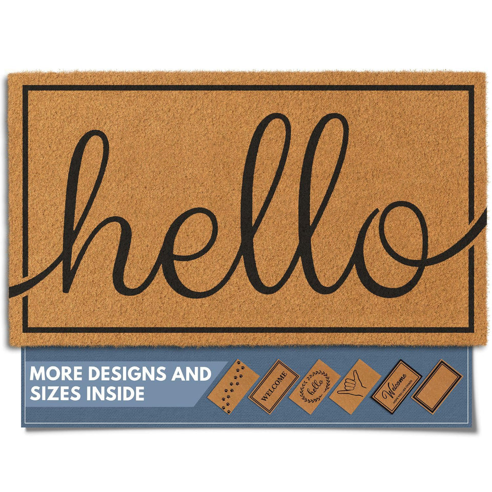 Barnyard Designs Hello doormat in natural coconut coir at the front door, welcoming guests.