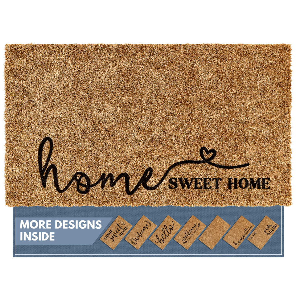 Barnyard Designs brown Home Sweet Home doormat greets guests outdoors.