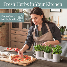 Barnyard Designs matte white window planter shown with herbs for easy fresh flavoring