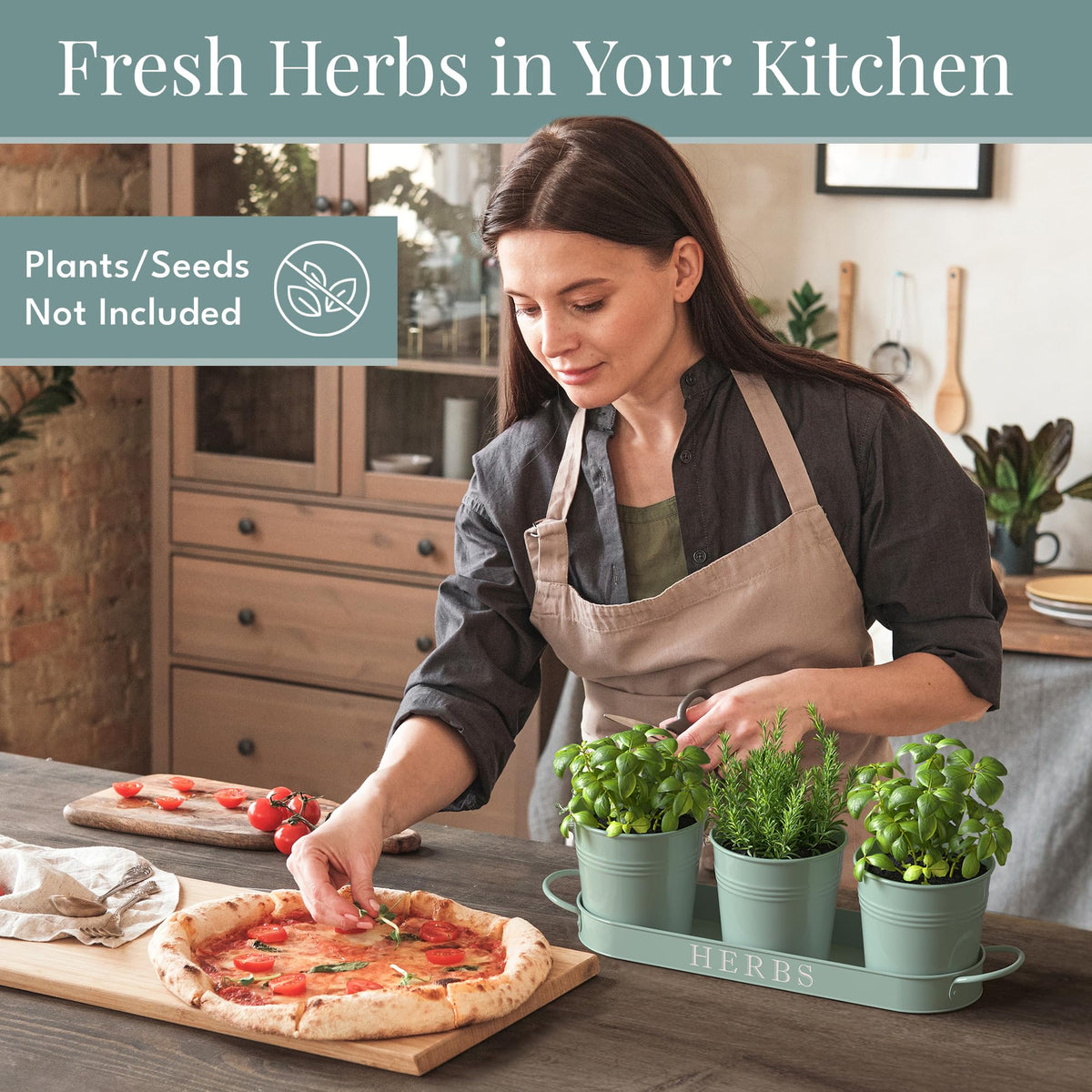 Barnyard Designs metal planters with vintage finish add farmhouse charm to counters.