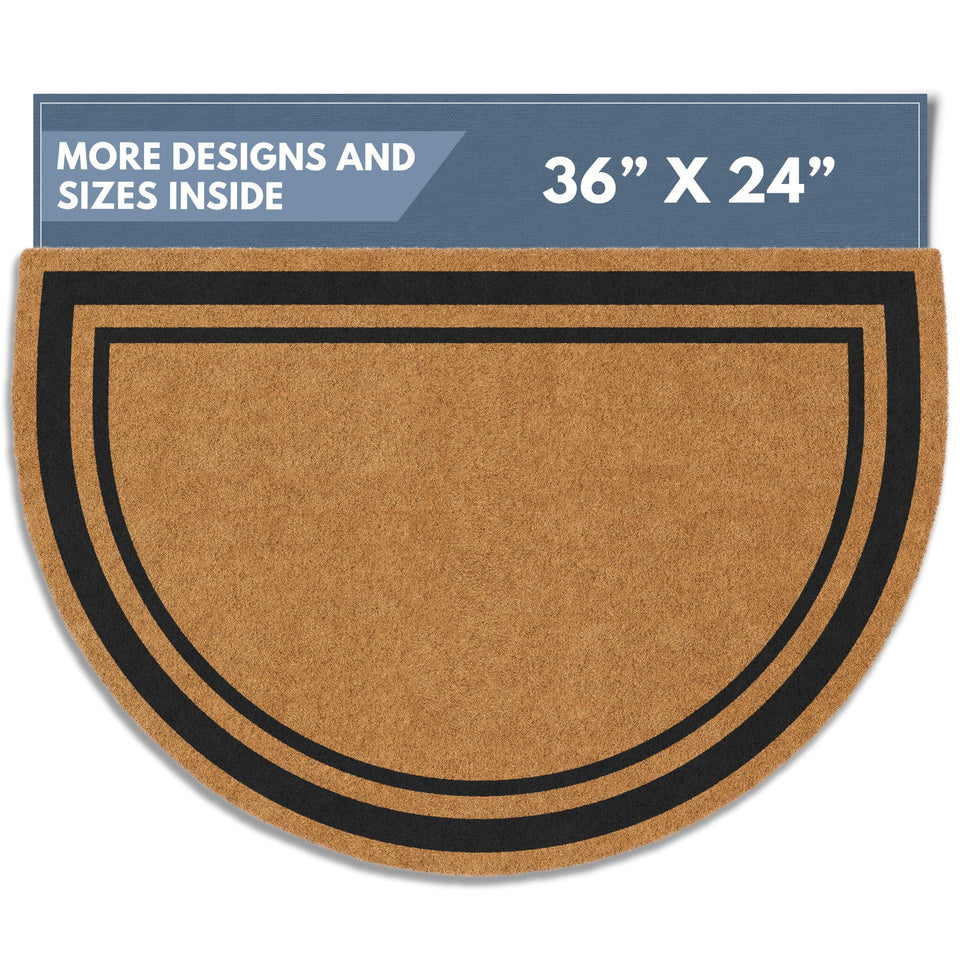 Barnyard Designs natural coco coir doormat with brown border offers durable entryway use.