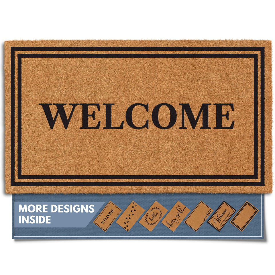 Barnyard Designs natural coco coir doormat front door captures dirt and welcomes guests.