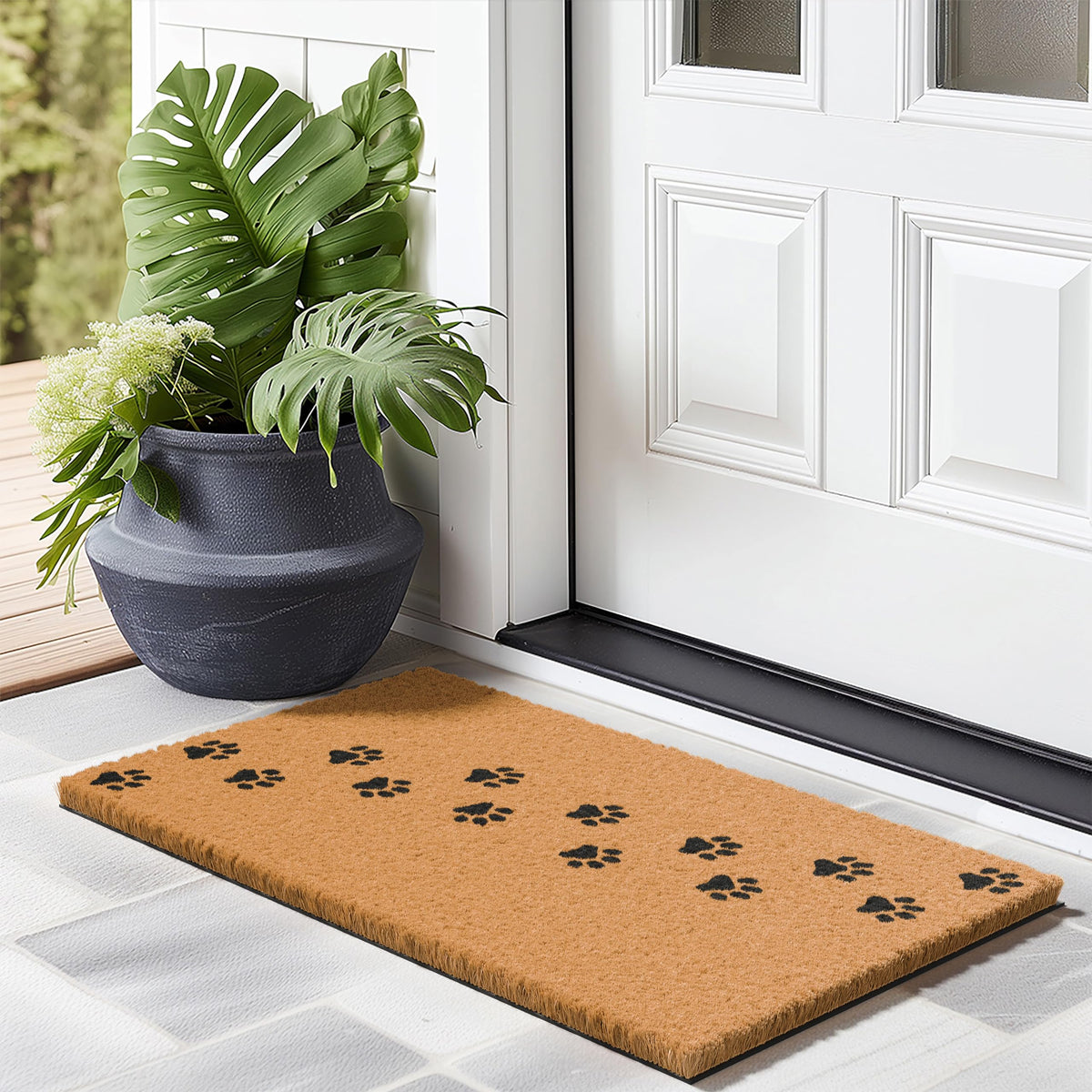 Barnyard Designs natural coir doormat highlights durable fibers for outdoor entryways.