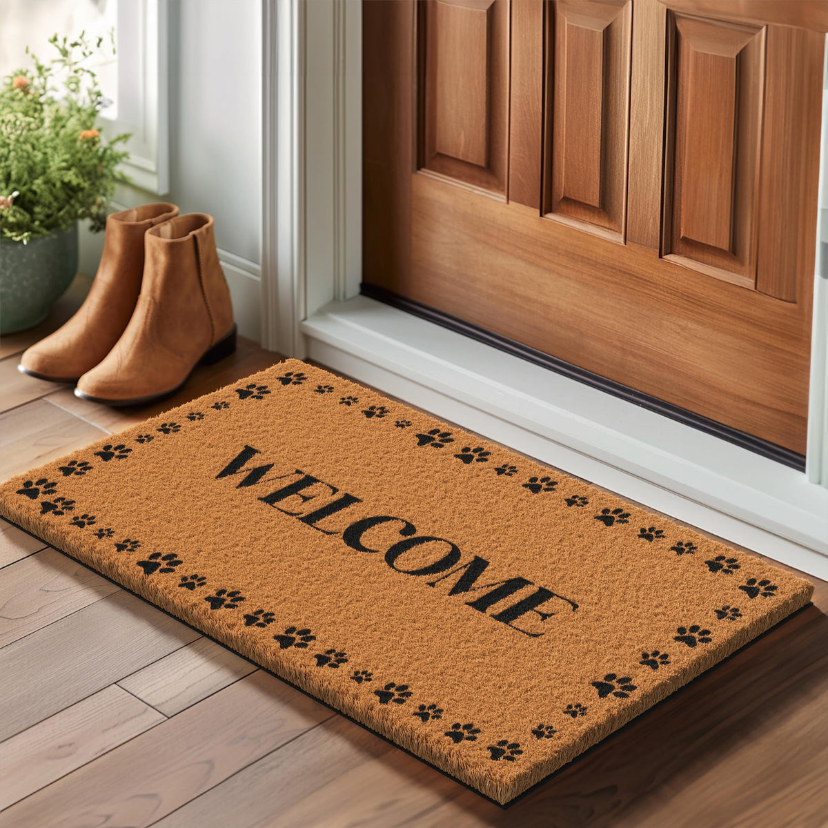 Natural coir fibers of Barnyard Designs doormat highlight sturdy construction