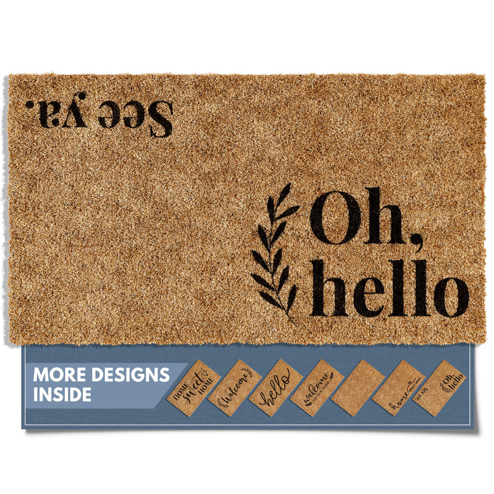 Barnyard Designs Oh Hello doormat front view for outdoor use with bold welcome.