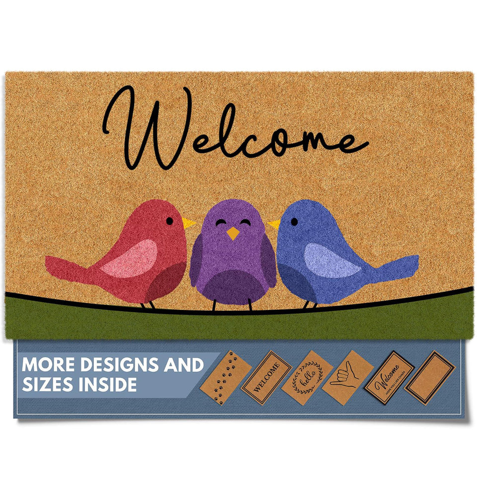 Barnyard Designs Spring Birds Doormat greets guests with a cheerful outdoor welcome.