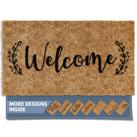 Barnyard Designs welcome doormat at the front door with bold lettering for a warm greeting
