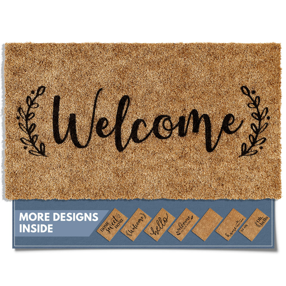 Barnyard Designs welcome doormat at the front door with bold lettering for a warm greeting