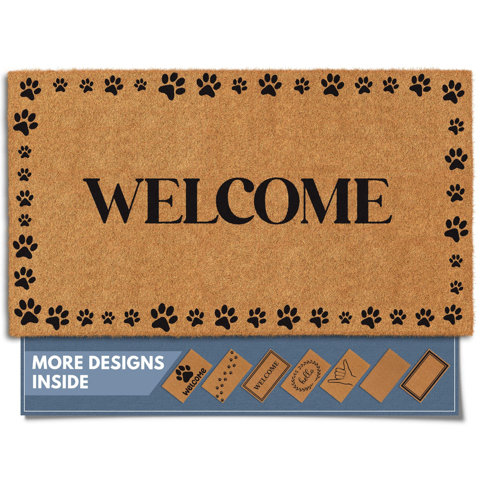Barnyard Designs Welcome Paws border doormat viewed from above for outdoor entrances