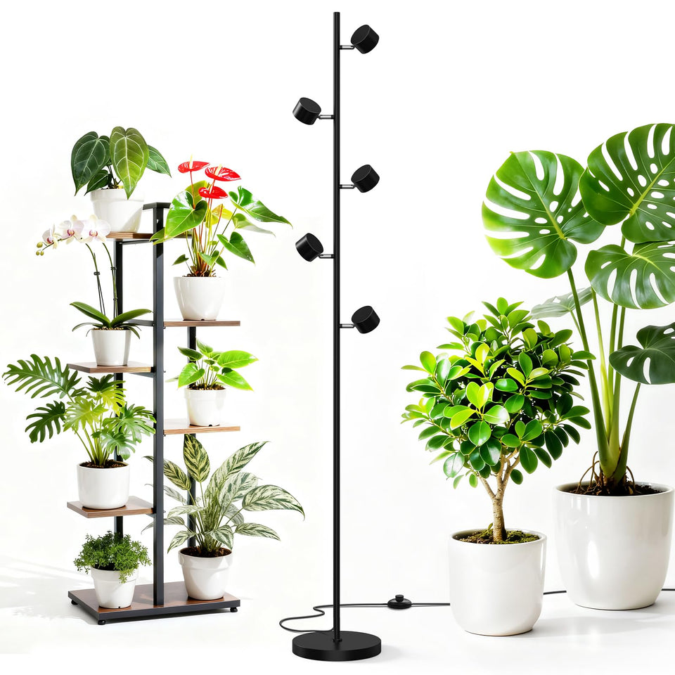 Barrina T1X5 floor grow light with five heads delivering even indoor plant illumination.