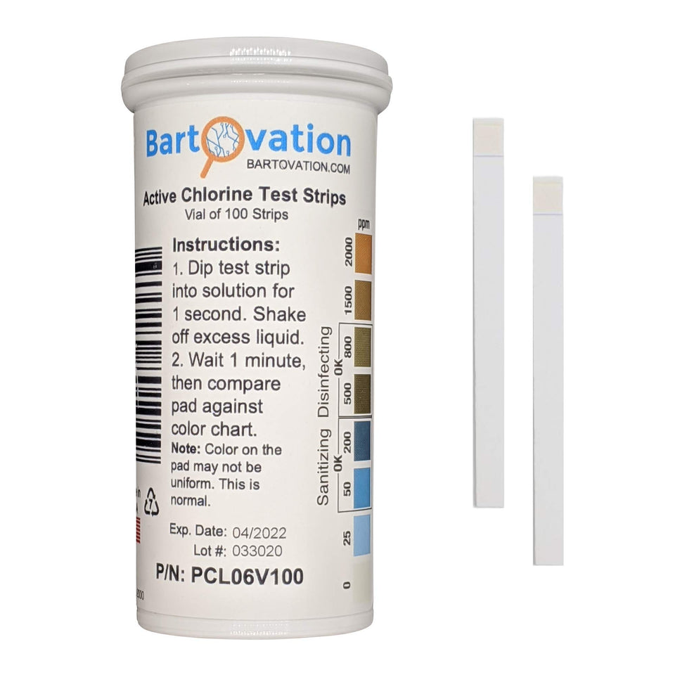 Bartovation Active Chlorine Test Strips in a moisture-wicking vial for consistent ppm readings in sanitizing tests.