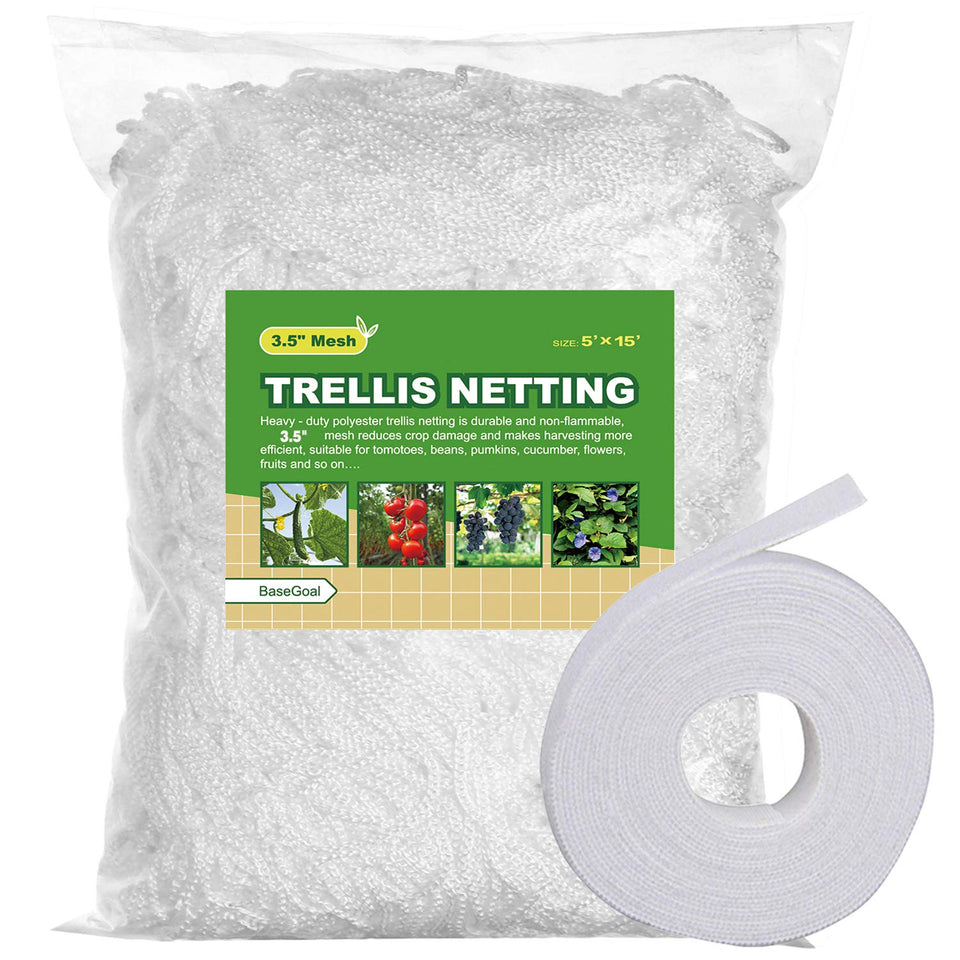 BaseGoal trellis netting 5x15ft supports heavy crops without sagging.
