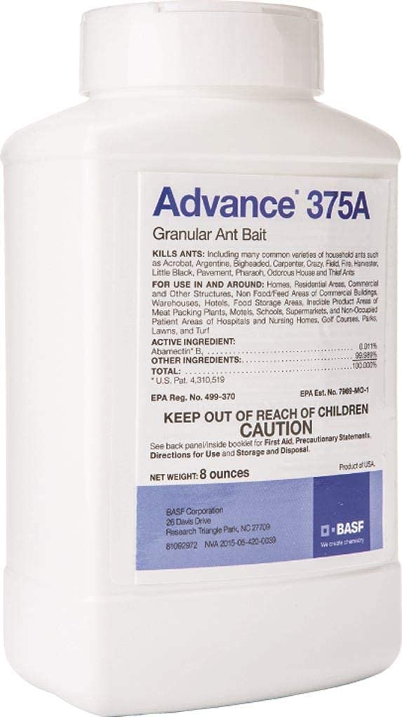 BASF Advance 375a granular ant bait pellets for indoor and outdoor use, targeting multiple ant species.