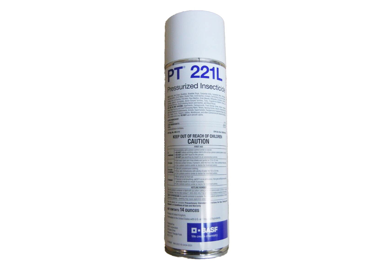 BASF PT 221L pressurized insecticide aerosol can for indoor and outdoor pest control.