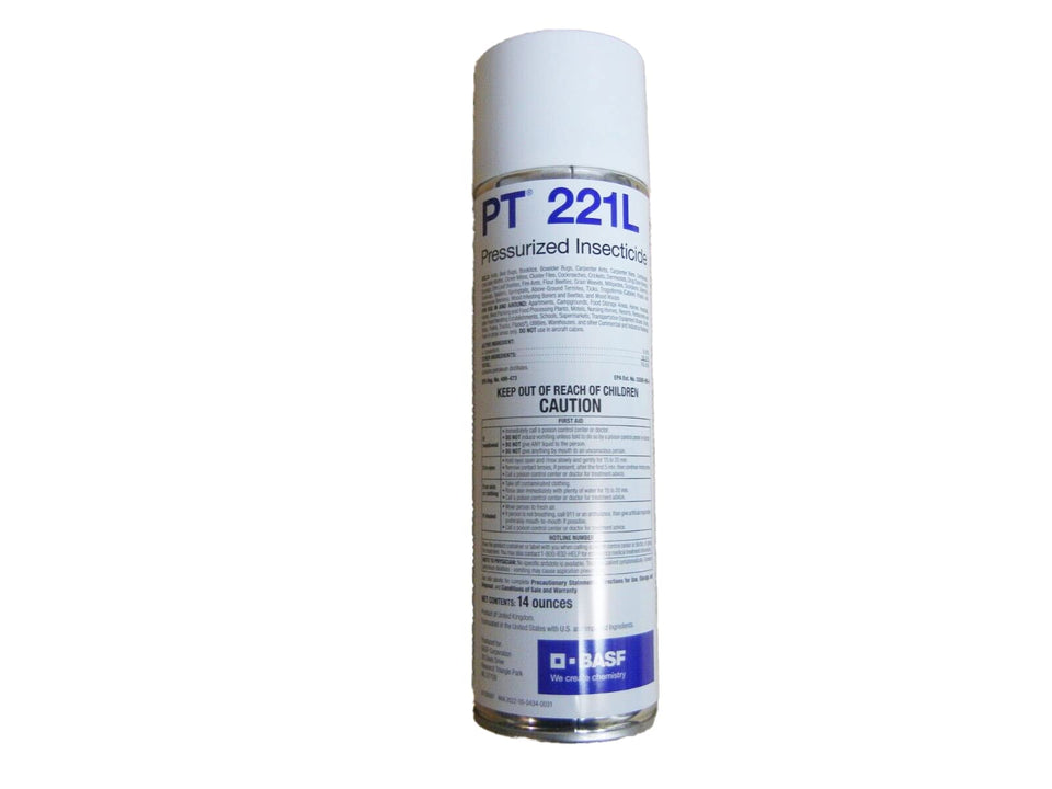 BASF PT 221L pressurized insecticide aerosol can for indoor and outdoor pest control.