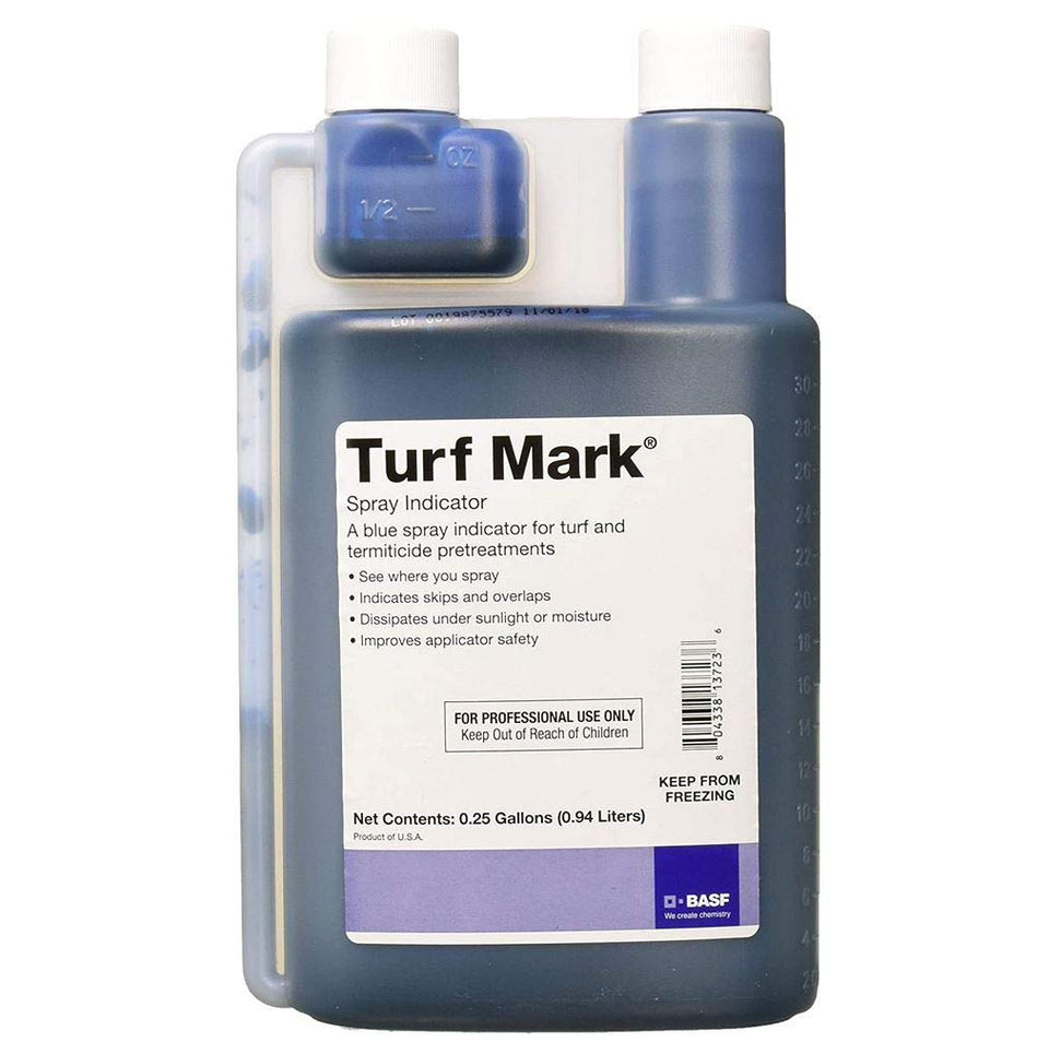BASF Turf Mark Blue spray indicator highlights treated lawn areas to prevent missed spots.