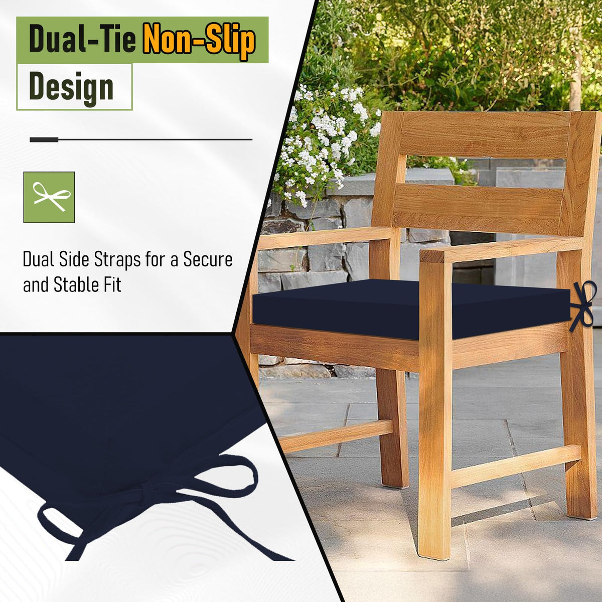 Basic Beyond cushions with strap anchors in navy, illustrating secure placement