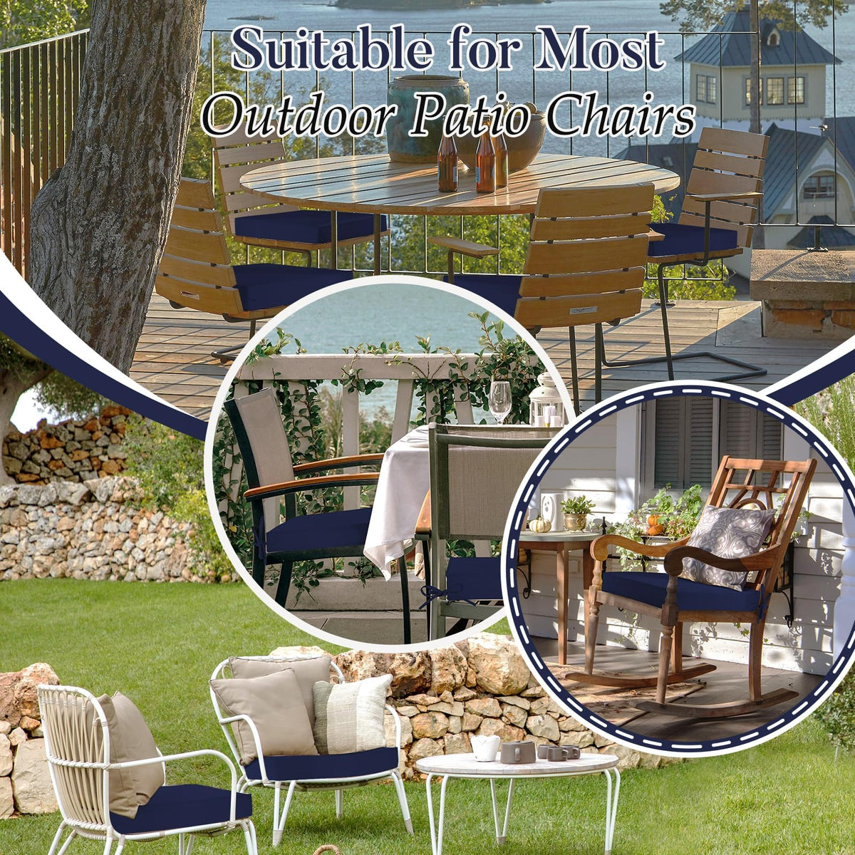 Basic Beyond set of four cushions adds coordinated navy seating.