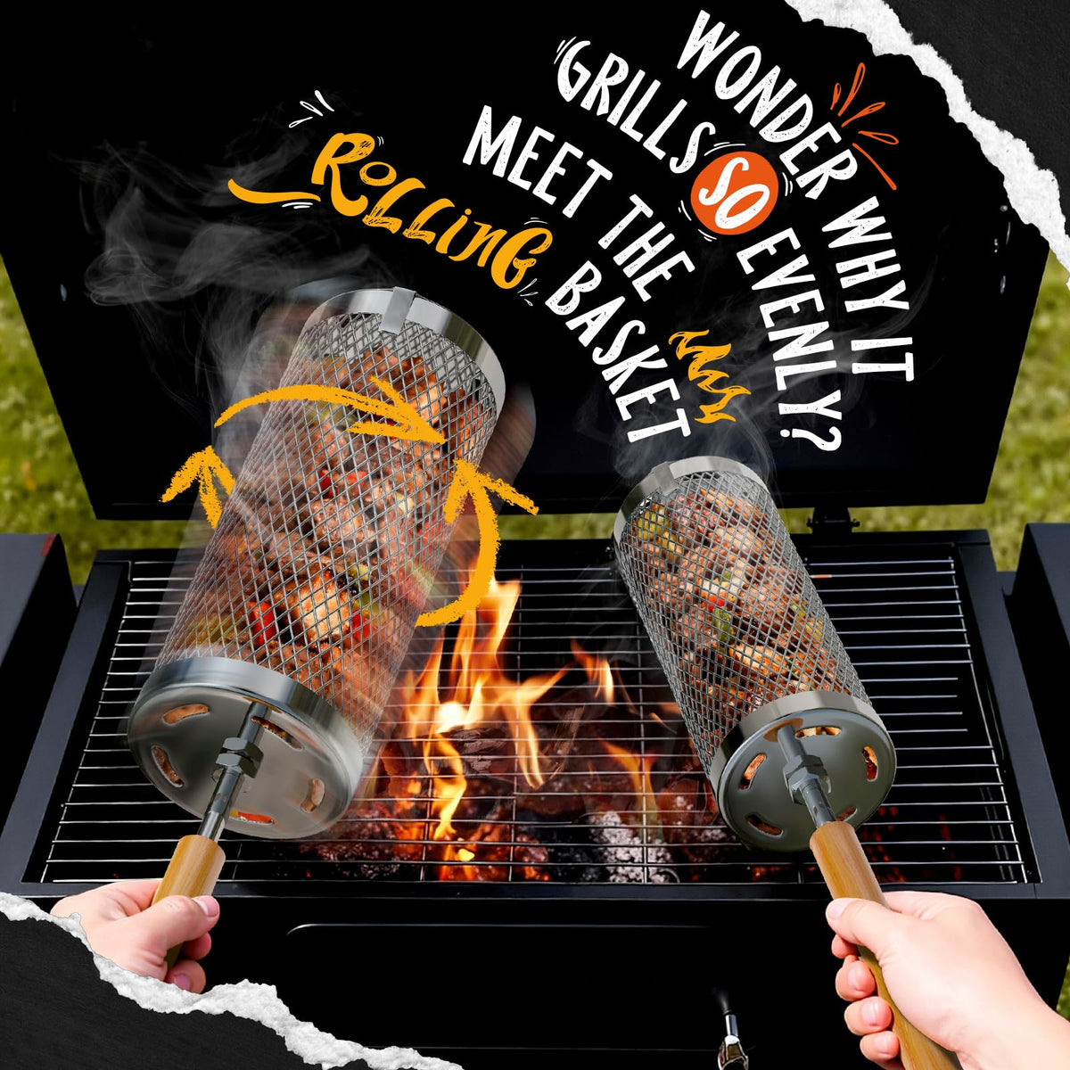 Basinel 304 stainless steel grill basket resists rust for durable outdoor cooking.