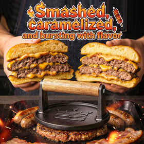 Basinel cast-iron burger press shows pre-seasoned surface for natural nonstick release.