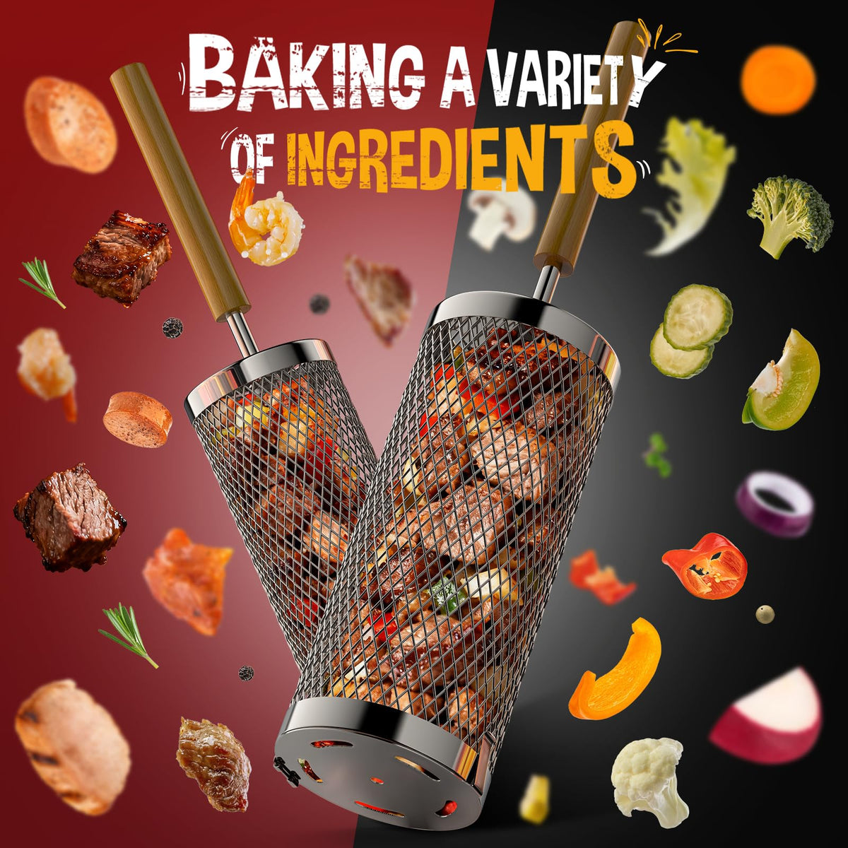 Basinel grill basket with removable handle for easy storage and transport.