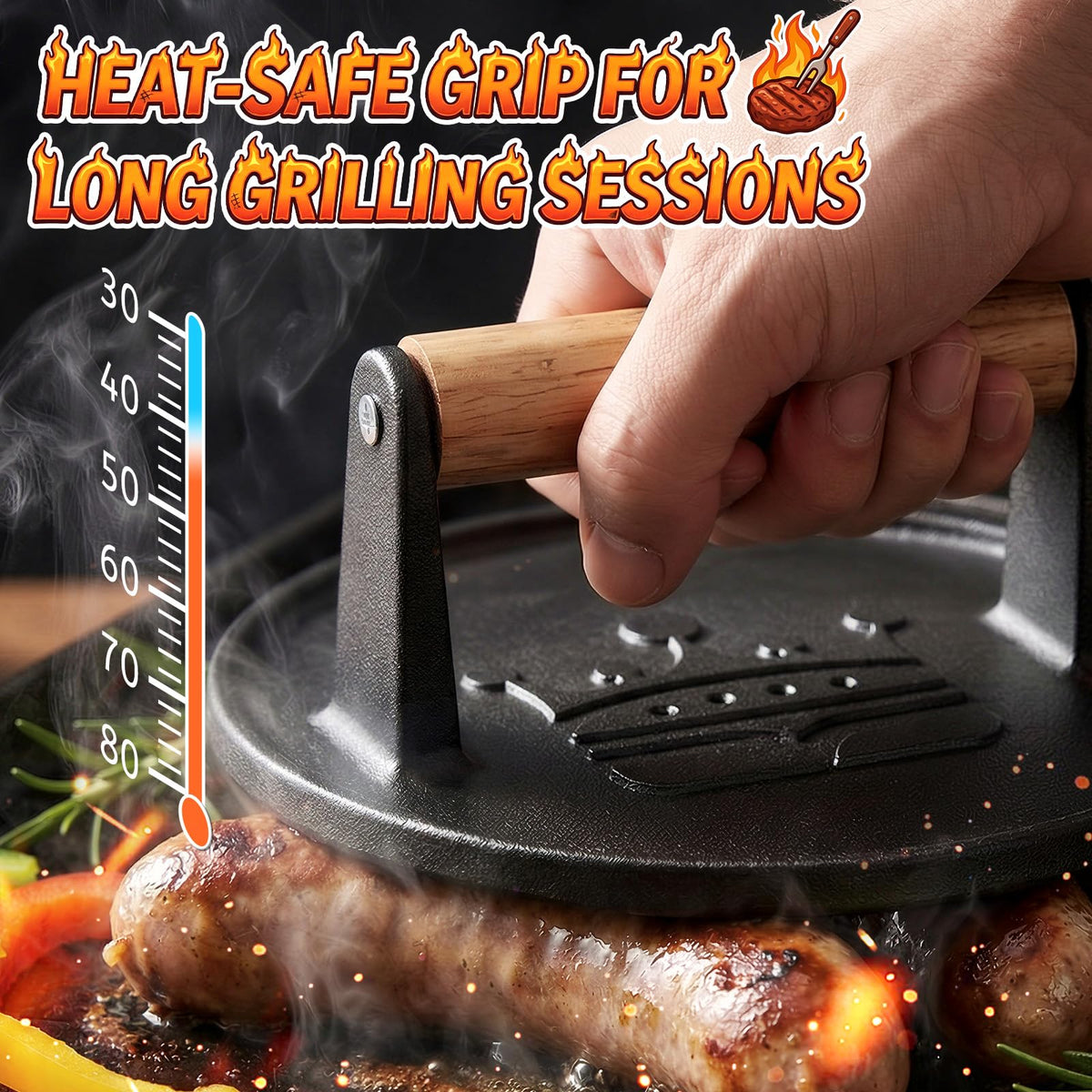 Basinel burger press supports even patty shape for uniform cooking.