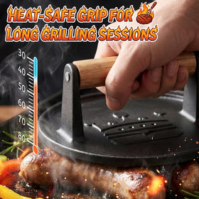Basinel burger press supports even patty shape for uniform cooking.