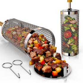 Basinel rolling grill basket with wooden handle for safe, cool-touch outdoor grilling.