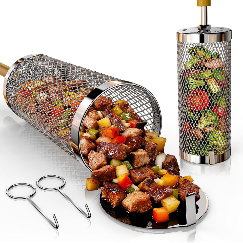 Basinel rolling grill basket with wooden handle for safe, cool-touch outdoor grilling.